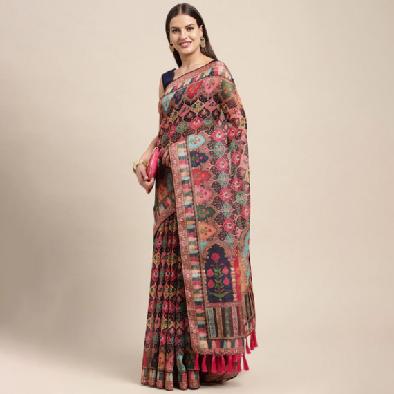 https://www.zenfashion.in/products/peach-coloured-multicoloured-kalamkari-sequinned-linen-blend-block-print-saree